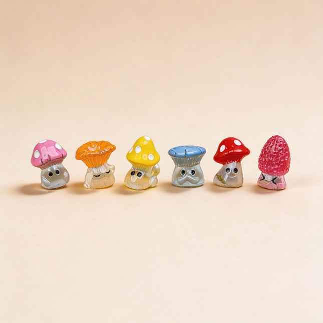 Night Mushrooms Set of 6 - Miniature Figurines - 2 cm Tall - Glow-in-the-Dark