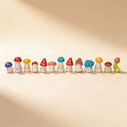 Mushroom Party Set of 13 Miniature Mushroom Figurines with Faces – 2 cm Tall