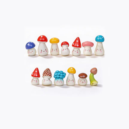 Mushroom Party Set of 13 Miniature Mushroom Figurines with Faces – 2 cm Tall