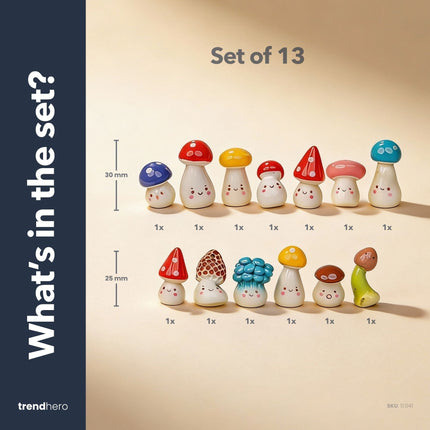 Mushroom Party Set of 13 Miniature Mushroom Figurines with Faces – 2 cm Tall