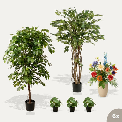 Set of artificial plants and a bouquet of flowers on a white background