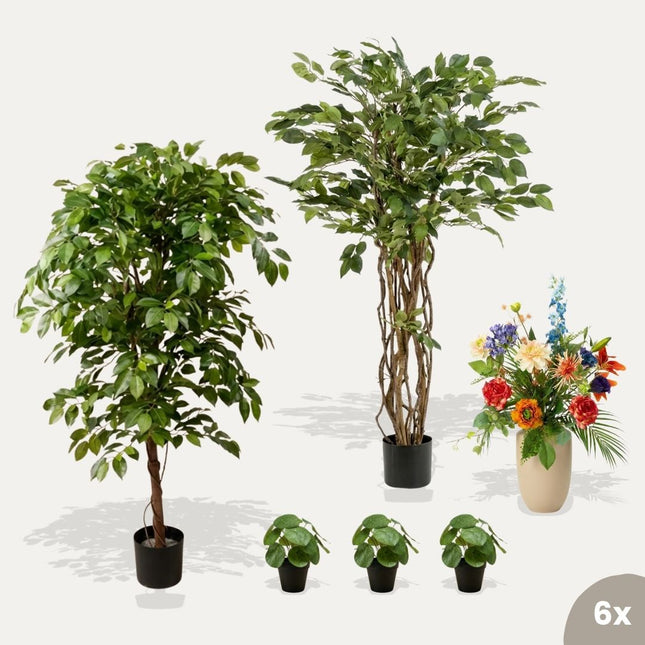 Set of artificial plants and a bouquet of flowers on a white background