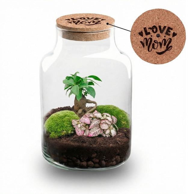 'LOVE MOM' terrarium Little Milky + Engraved cork with light - Bottle garden DIY kit - Ø 17 cm ↑ 25 cm
