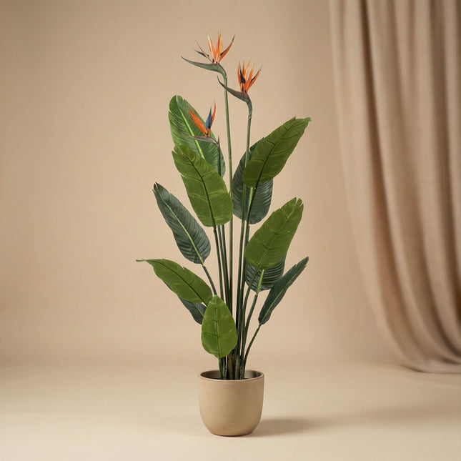 Strelitzia with Flowers – 120 cm – In Black Pot – Artificial Plant