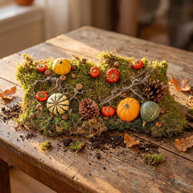 Autumn deco kit Large 4 real Pumpkins Ø 6 cm + moss wood cones