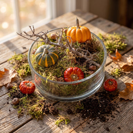Autumn bowl Medium Glass 2 pumpkins moss cones Ø 20 cm ↑ 8 cm