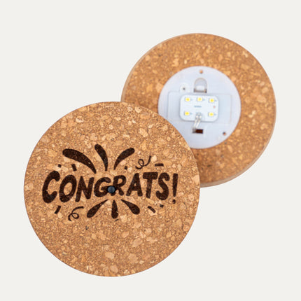 Engraved LED cork lid - 'CONGRATS' - Custom text - Available in 3 sizes