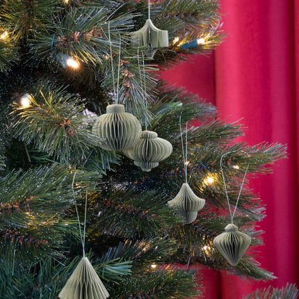 Hanging paper ornaments - Set 6 pcs - 4,5 cm - Christmas honeycomb baubles - Purple - Green - Olive - Christmas tree decorations