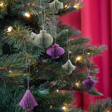 Hanging paper ornaments - Set 6 pcs - 4,5 cm - Christmas honeycomb baubles - Purple - Green - Olive - Christmas tree decorations