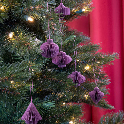 Hanging paper ornaments - Set 6 pcs - 4,5 cm - Christmas honeycomb baubles - Purple - Green - Olive - Christmas tree decorations