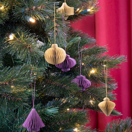 Hanging paper ornaments - Set 6 pcs - 4,5 cm - Christmas honeycomb baubles - Purple - Green - Olive - Christmas tree decorations
