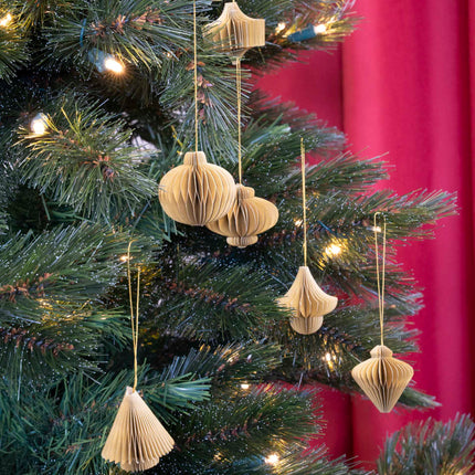 Hanging paper ornaments - Set 6 pcs - 4,5 cm - Christmas honeycomb baubles - Purple - Green - Olive - Christmas tree decorations