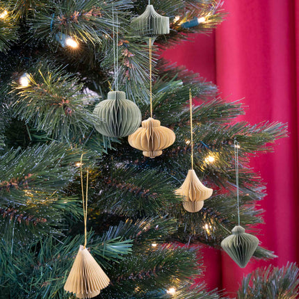 Hanging paper ornaments - Set 6 pcs - 4,5 cm - Christmas honeycomb baubles - Purple - Green - Olive - Christmas tree decorations