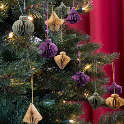 Hanging paper ornaments - Set 6 pcs - 4,5 cm - Christmas honeycomb baubles - Purple - Green - Olive - Christmas tree decorations
