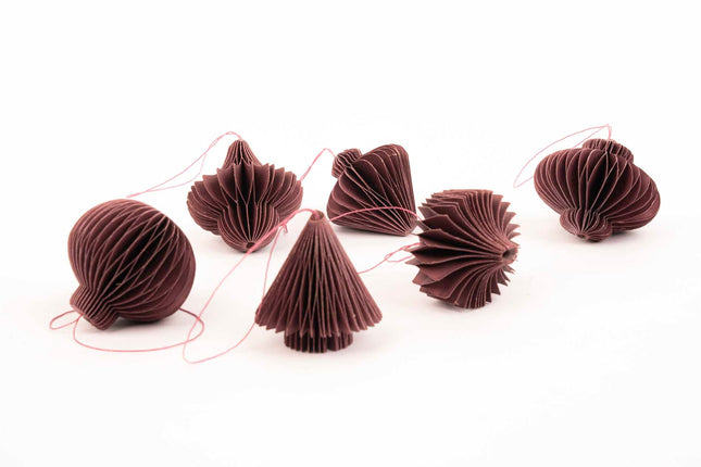 Hanging paper ornaments - Set 6 pcs - 4,5 cm - Christmas honeycomb baubles - Purple - Green - Olive - Christmas tree decorations