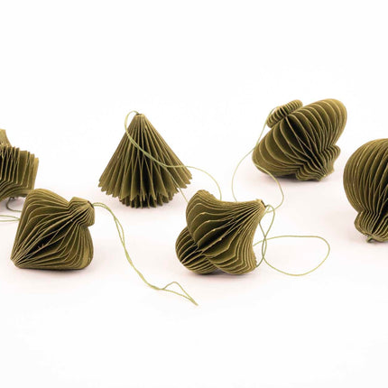 Hanging paper ornaments - Set 6 pcs - 4,5 cm - Christmas honeycomb baubles - Purple - Green - Olive - Christmas tree decorations