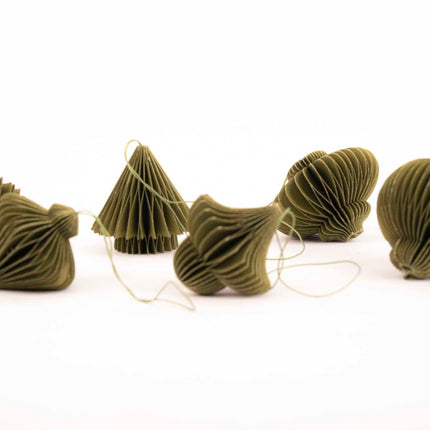 Hanging paper ornaments - Set 6 pcs - 4,5 cm - Christmas honeycomb baubles - Purple - Green - Olive - Christmas tree decorations
