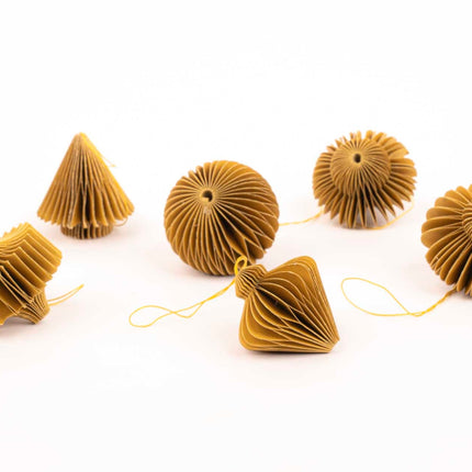 Hanging paper ornaments - Set 6 pcs - 4,5 cm - Christmas honeycomb baubles - Purple - Green - Olive - Christmas tree decorations