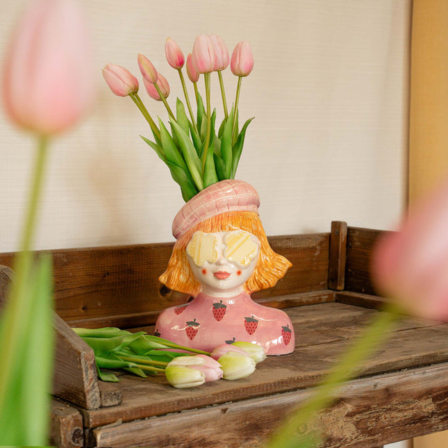 Strawberry Girl Vase + 10x Real Touch Pink Tulips – Silk Artificial Tulips